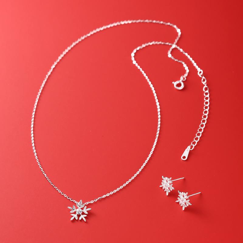 Schneeflocke S925 Sterlingsilber Halskette & Ohrstecker Set - Exquisite Herbst/Winter Weihnachtsgeschenk Accessoires.