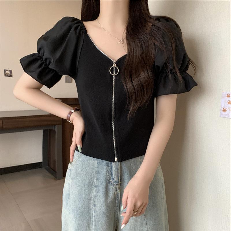 

Высокая талия короткий пупок V-образный вырез рукав пузырь молнии универсальные топы дизайн Sense Niche обтягивающие сексуальные короткие рукава летние повседневные облегающие пуловеры футболки One Size чёрный