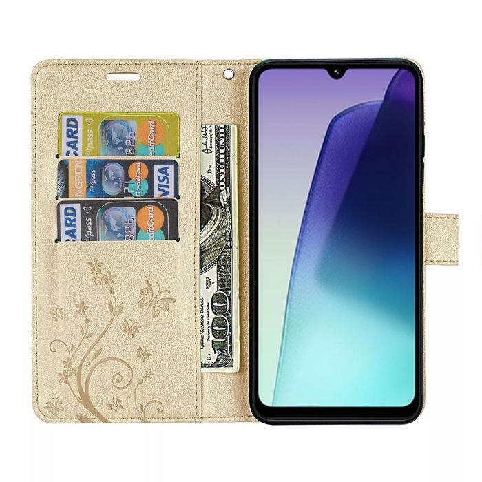 Case and 2 Tempered Glasses - E.F.CONNECTION - For Xiaomi Redmi 14C - Golden Synthetic Leather - Butterfly Pattern - Shockproof