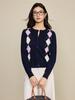 Women's Argyle Knit Cardigan - Early Autumn 2026, College Style, Contrasting Colors, Wool, Round Neck Sweater