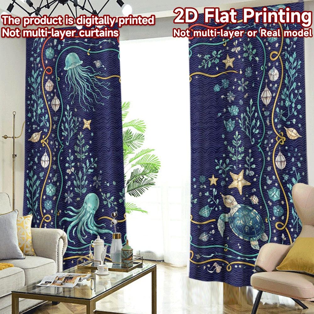 2D FLAT PRINTING 2pcs Curtains (Without Rod) Underwater Creatures Design Modern Modern Curtain Durable Polyester Curtains