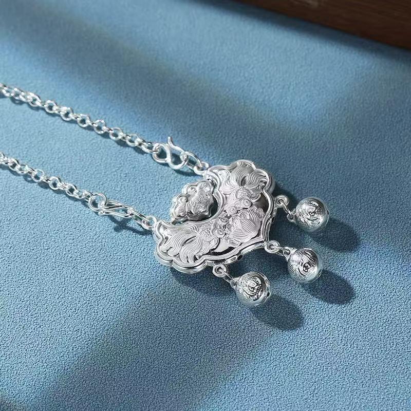 Sterling Silver Lotus Longevity Pendant: Retro Chinese Peace Lock Necklace for Women - Pure Silver Charm Gift.