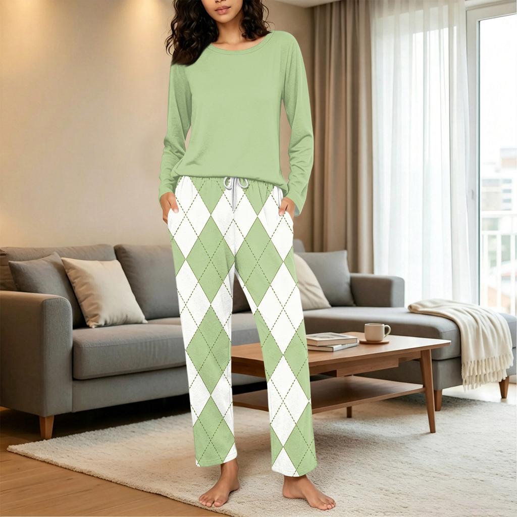 Women's Casual Printed Pajama Set with Round Neck and Loose Fit for Sleep and Lounging
