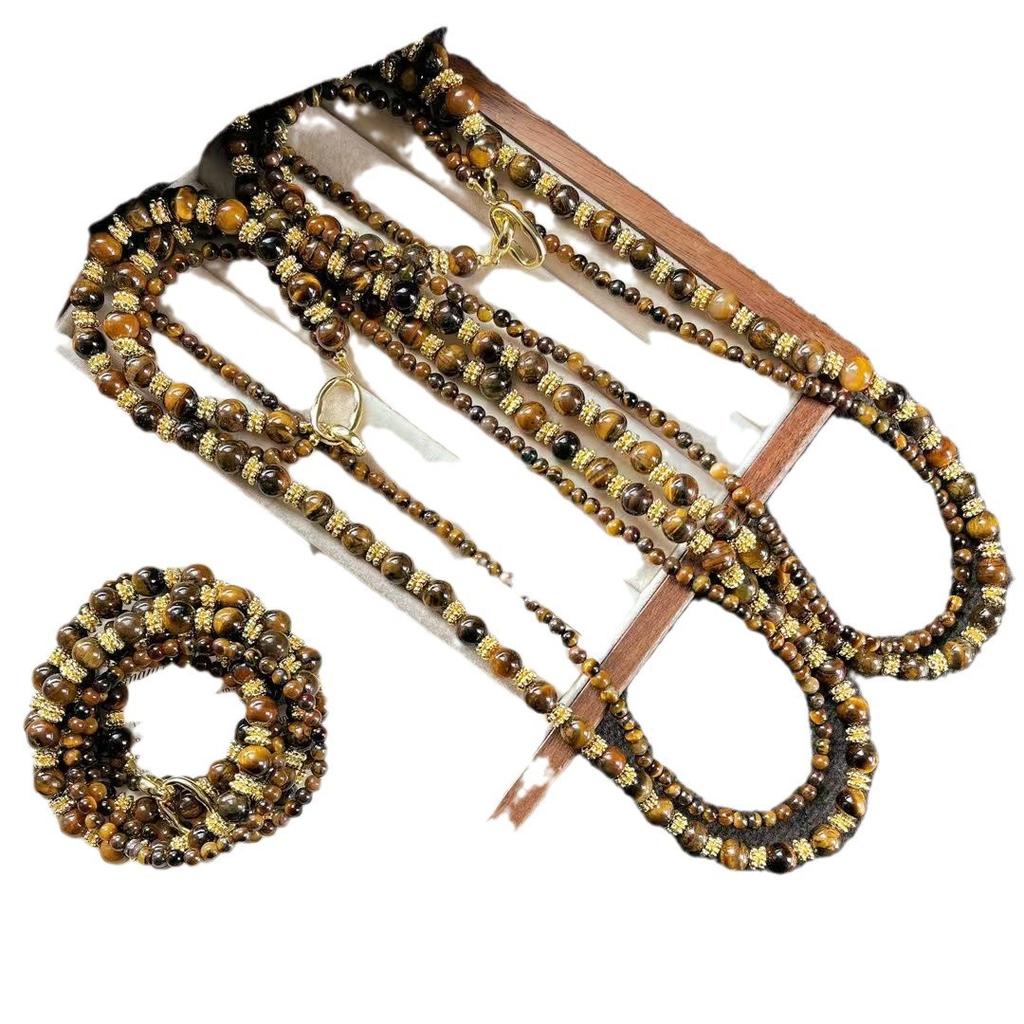 Boutique Vintage Maillard Style Natural Tiger'S Eye Stone Sweater Chain Necklace Clavicle Chain