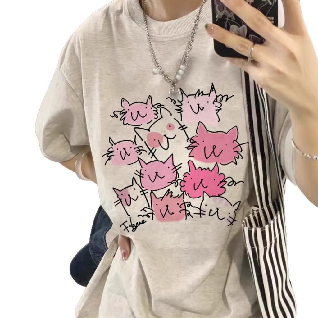 Guochao American pure cotton short-sleeved t-shirt women's new design sense niche loose large size fat mm cartoon top