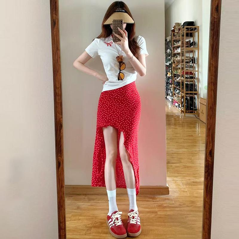 

Красная юбка с цветочным принтом для женщин, новый стиль, лето, французский, красивый стиль для морского отдыха, асимметричная длинная юбка XL красный