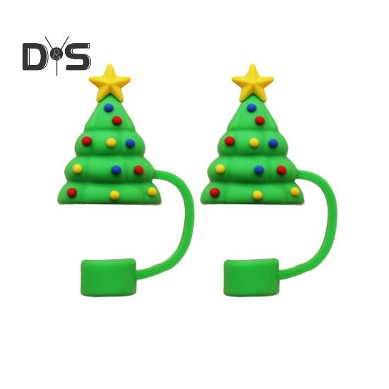 

2 шт. Рождественский силиконовый колпачок для соломинки 10 мм, многоразовый пыленепроницаемый соломенный топпер для украшения чашки, вечеринки, Санта-Клауса, снеговика, лося, рождественской елки, колокольчиков, соломенных наконечников G