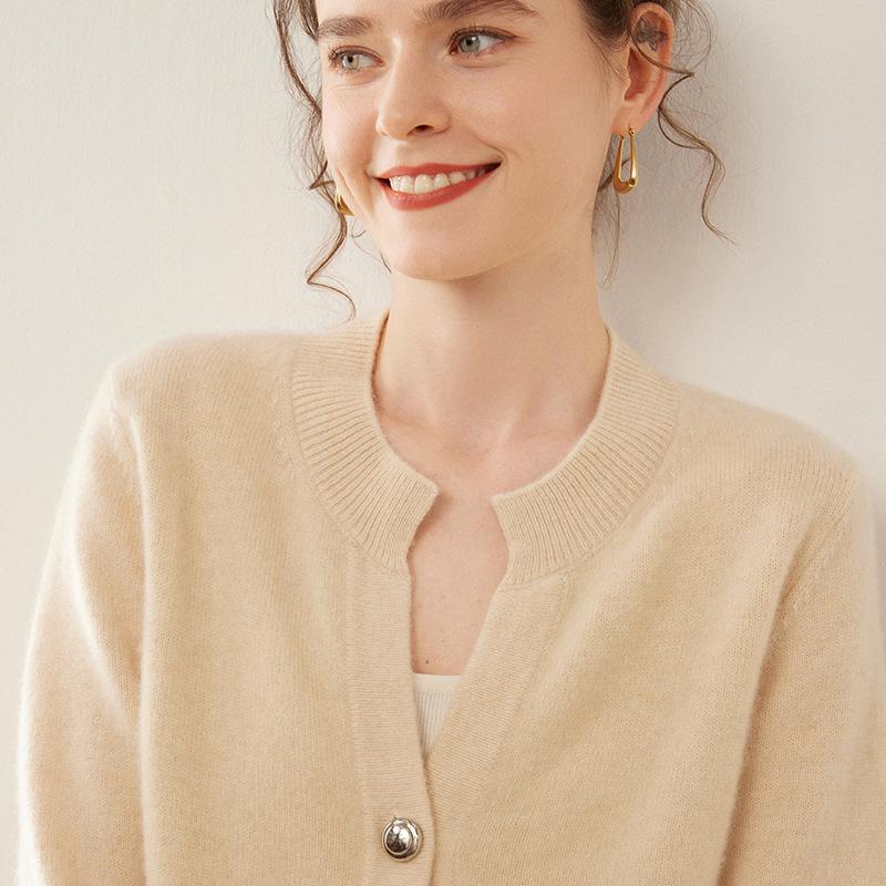 Women's Cashmere Knit Cardigan - Autumn/Winter, Single-Breasted, Round Neck, Loose Fit, Slimming, Solid Color.
