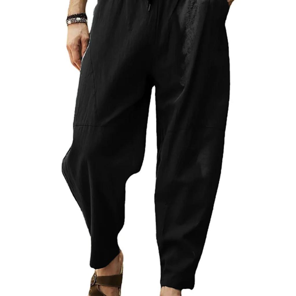 Herren-Baumwoll-Leinen-Baggy-lange Hose, weites Bein, elastische Taille, lockere Haremshose
