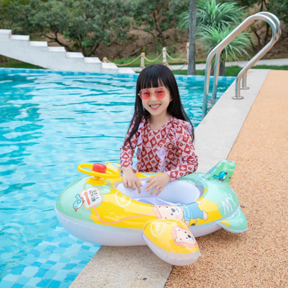 Baby Pool Float with Safety Seat Steering Wheel Cartoon Airplane Shaped Inflatable Swimming Ring for Kids Pool Swim