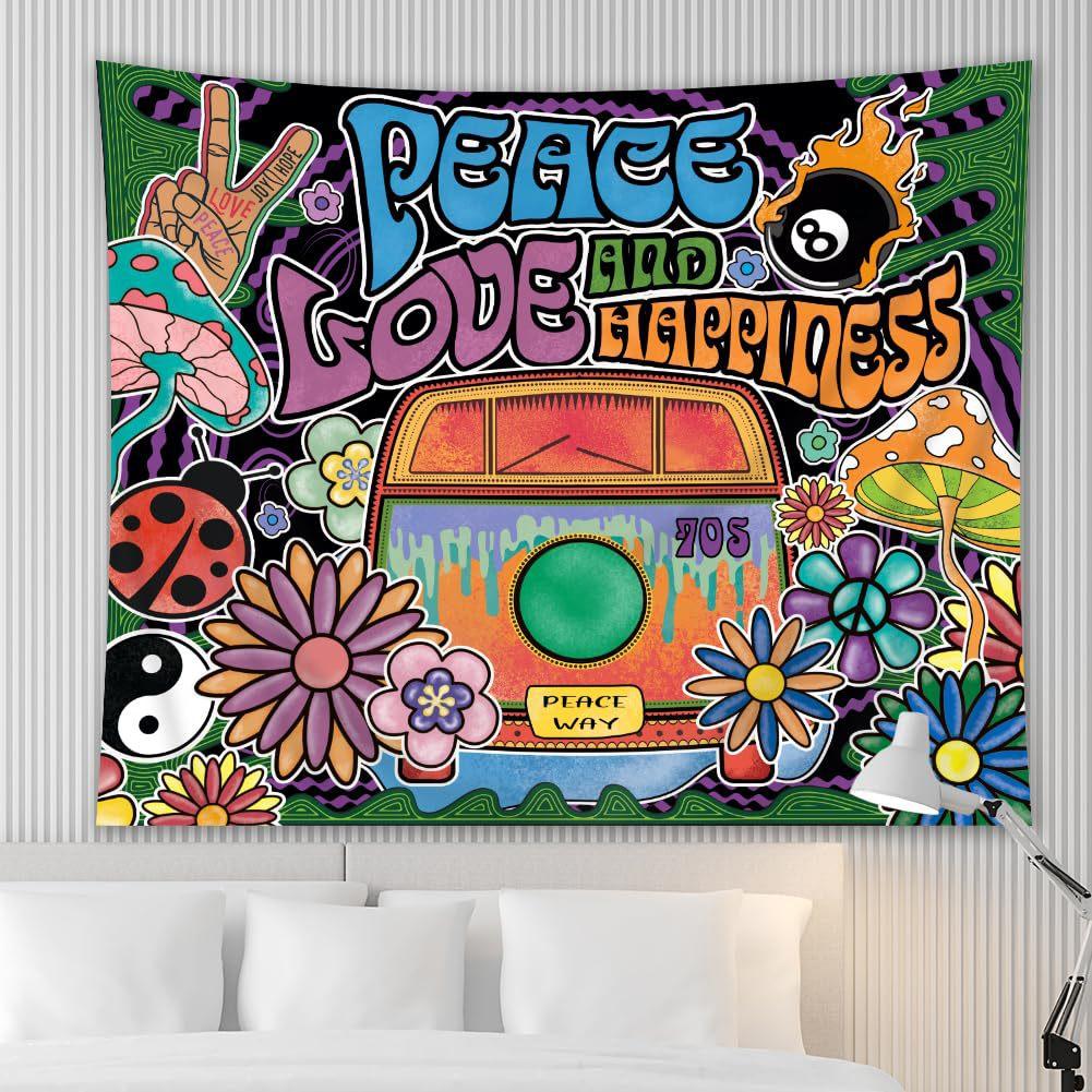 Arazzo Stampato Anni '70 Hippie Pace Amore Felicità Stampato su un Lato Retro Groovy Decorazione per la Casa Appeso a Parete per Camera da Letto Soggiorno