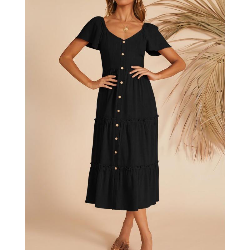 

YYFS женские модные летние весенние однотонные повседневные платья с короткими рукавами и v-образным вырезом и высокой талией M чёрный