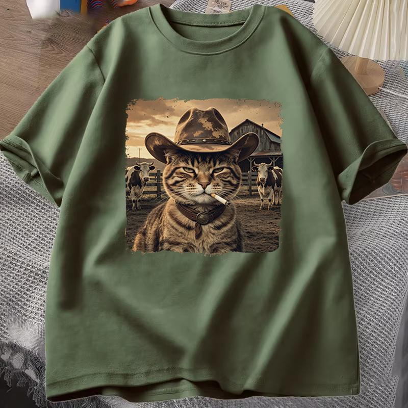 Cat Lover Casual Short Sleeve Tshirt Vintage Western Cowboy Cat Graphic T Shirts Unisex Cat Owner Country Western Casual Tee