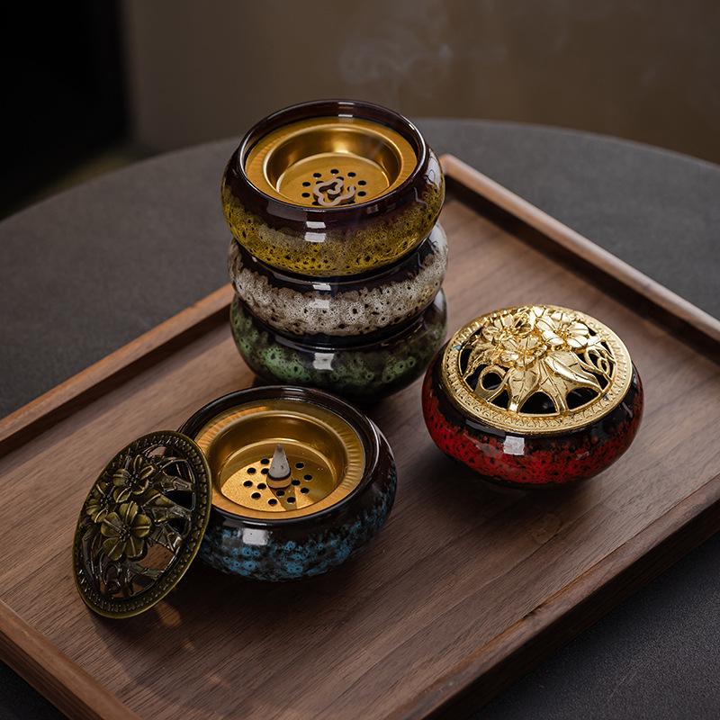 Portable Ceramic Sandalwood Incense Burner: Golden Bowl Ornament & Incense Plate