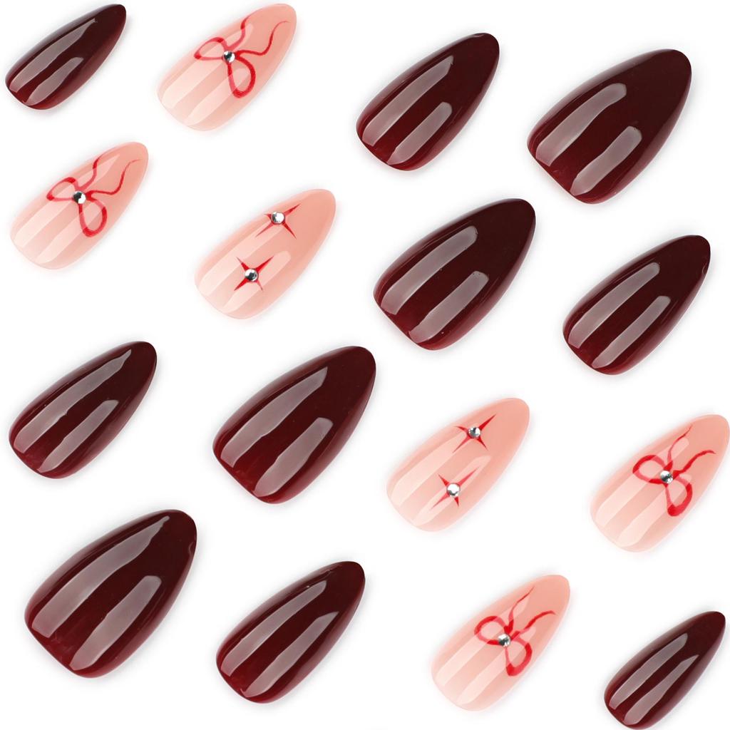 Red Almond-Shaped Press-On Nails with Bow and Star Design