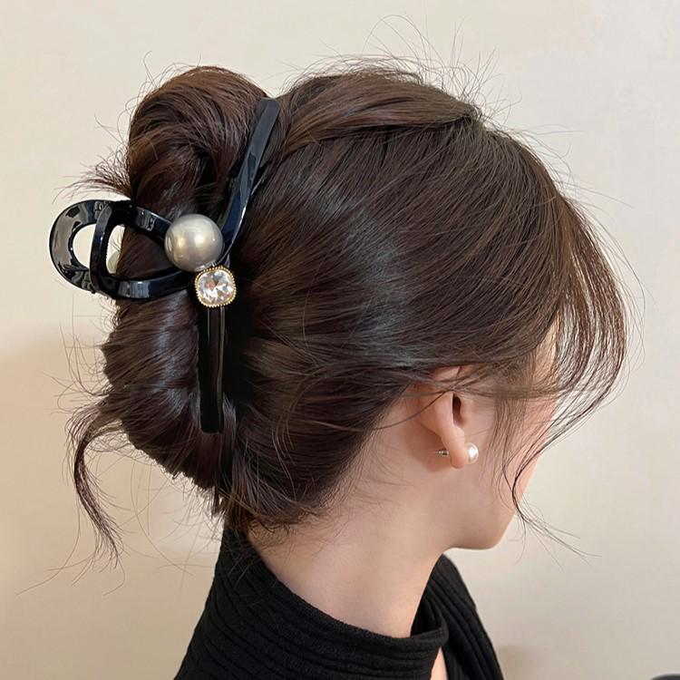 Glossy Black Large Pearl Hair Claw Clip for Women - High-End Shark Clip for Thick Hair