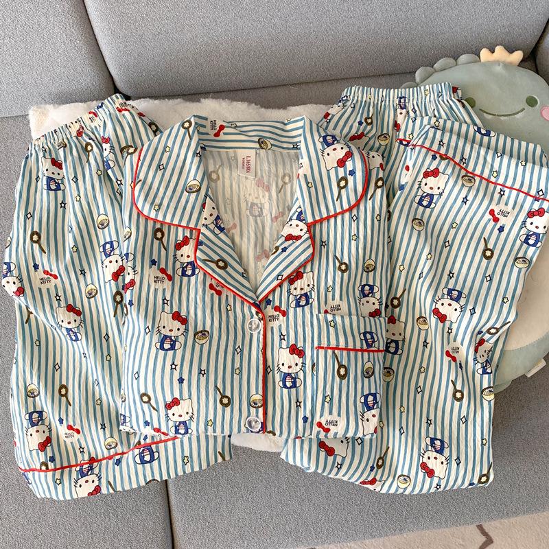 

Летний женский пижамный комплект из хлопка Blue Bear — с короткими рукавами, милый мультяшный дизайн, домашний комплект из трех предметов. L (100-120 Jin)