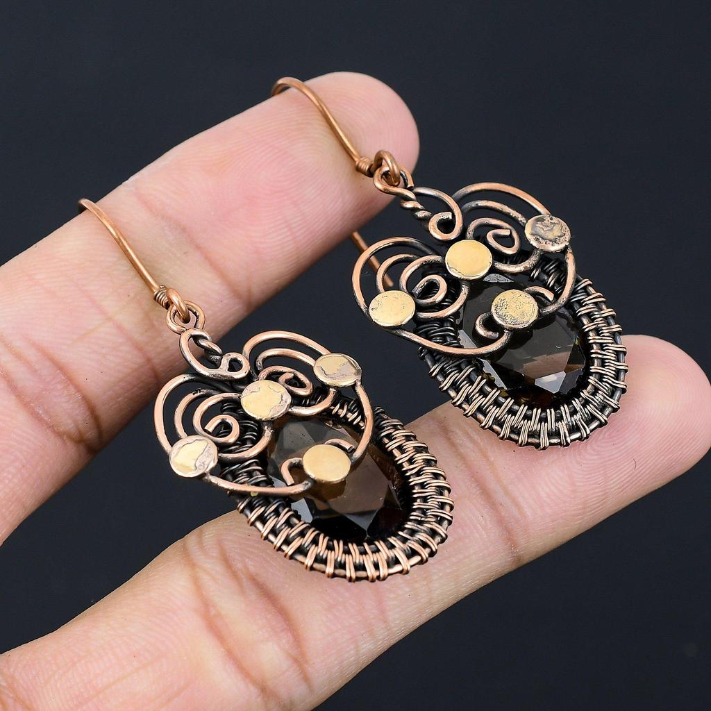 Beautiful Smoky Topaz Gemstone Handmade Pure Copper Wire Wrapped Earring Jewelry