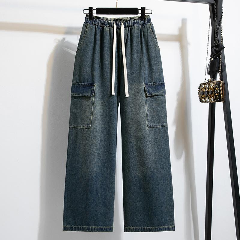 DIMANAF Plus Size Women Jeans Long Pants Thick Denim Cotton Loose Casual Elastic Waist Vintage Lady Winter Autumn