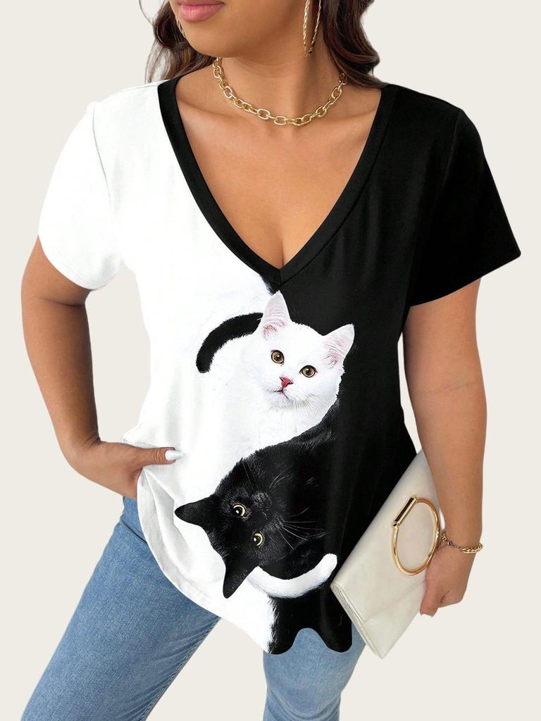 Europeisk och Amerikansk Dam Plus Size 2025 V-ringad Kattmönster Färgblock Kortärmad Casual Topp