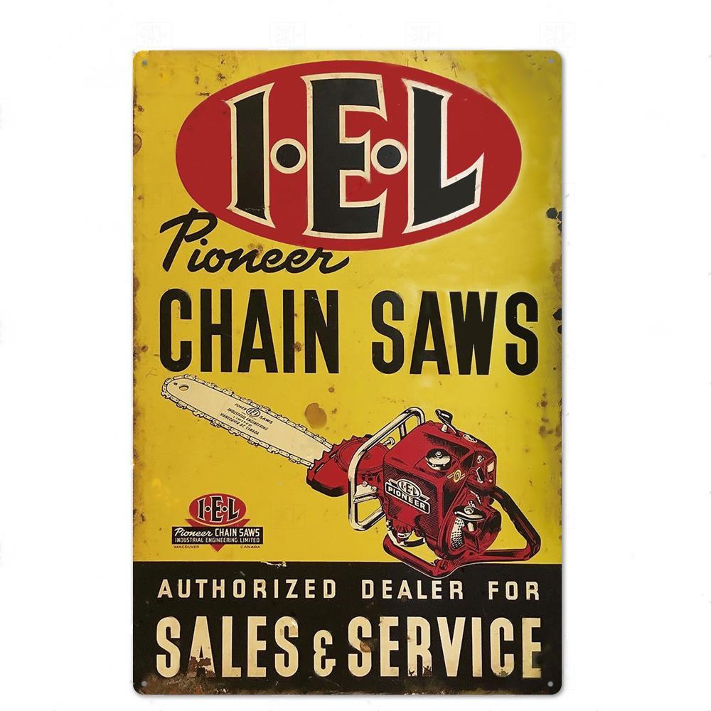Piła łańcuchowa metalowy znak tablica metalowa Vintage znak puszka dekoracje ścienne dla jaskini człowieka ozdobny talerz