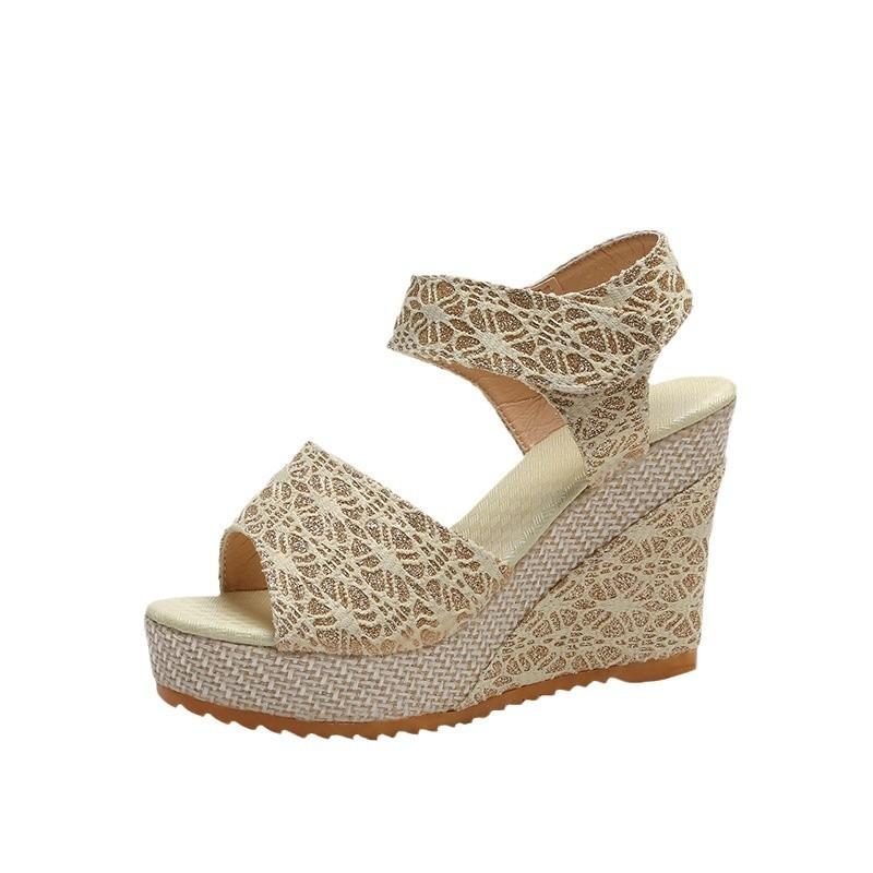 Summer new wedge heel fish mouth sandals women's breathable muffin thick-soled high-heeled Velcro lace women's shoes