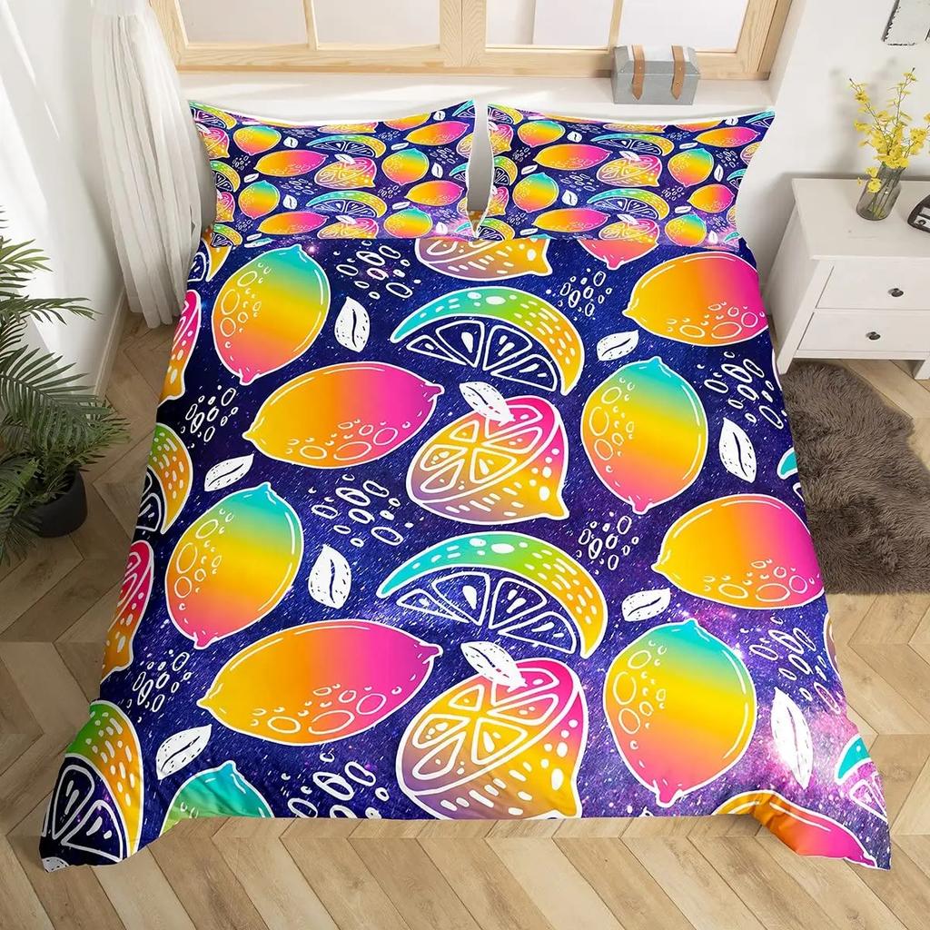 Lemon Duvet Cover Set,Bedding Set 3pcs for Teens Room,Botanical Natural Bright Yellow and Black Quilt Cover with 2 Pillowcases