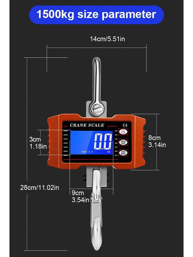 1000kg/1.5t/2t Electronic Hanging Crane Scale - Handheld Tension Hook Meter