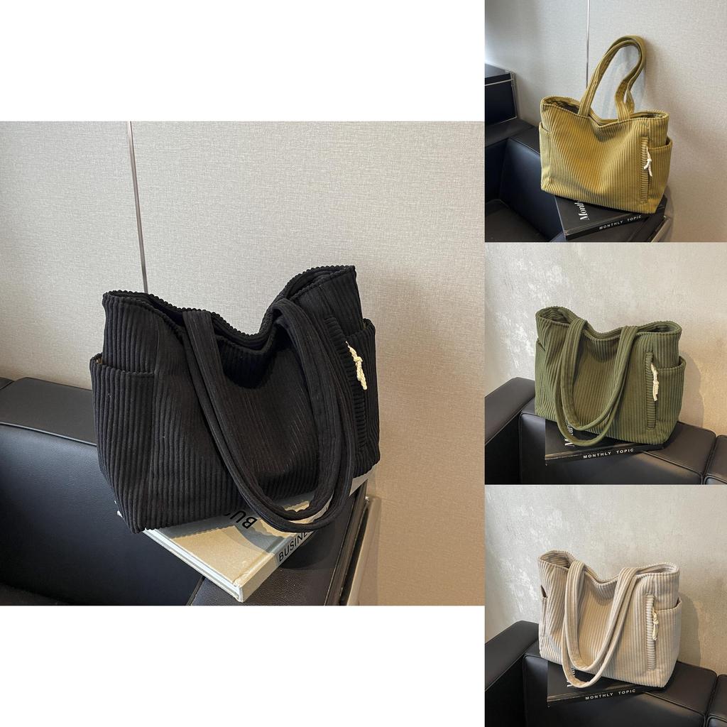 Simple Solid Color Large Capacity Women Corduroy Shoulder Tote Bag For Daily Use