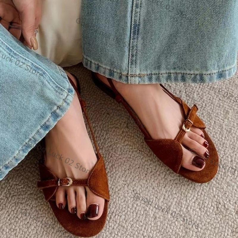 Fashion 2025 Women's Fashion Sandals New Summer Round Head Soft Frosted Open Toe Hollow Belt Buckle Flats