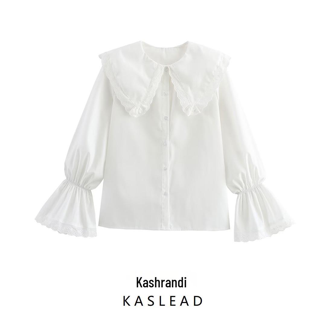 

2025 Spring Women s European & American Style Versatile Solid Color Lace Patchwork Shirt S білий