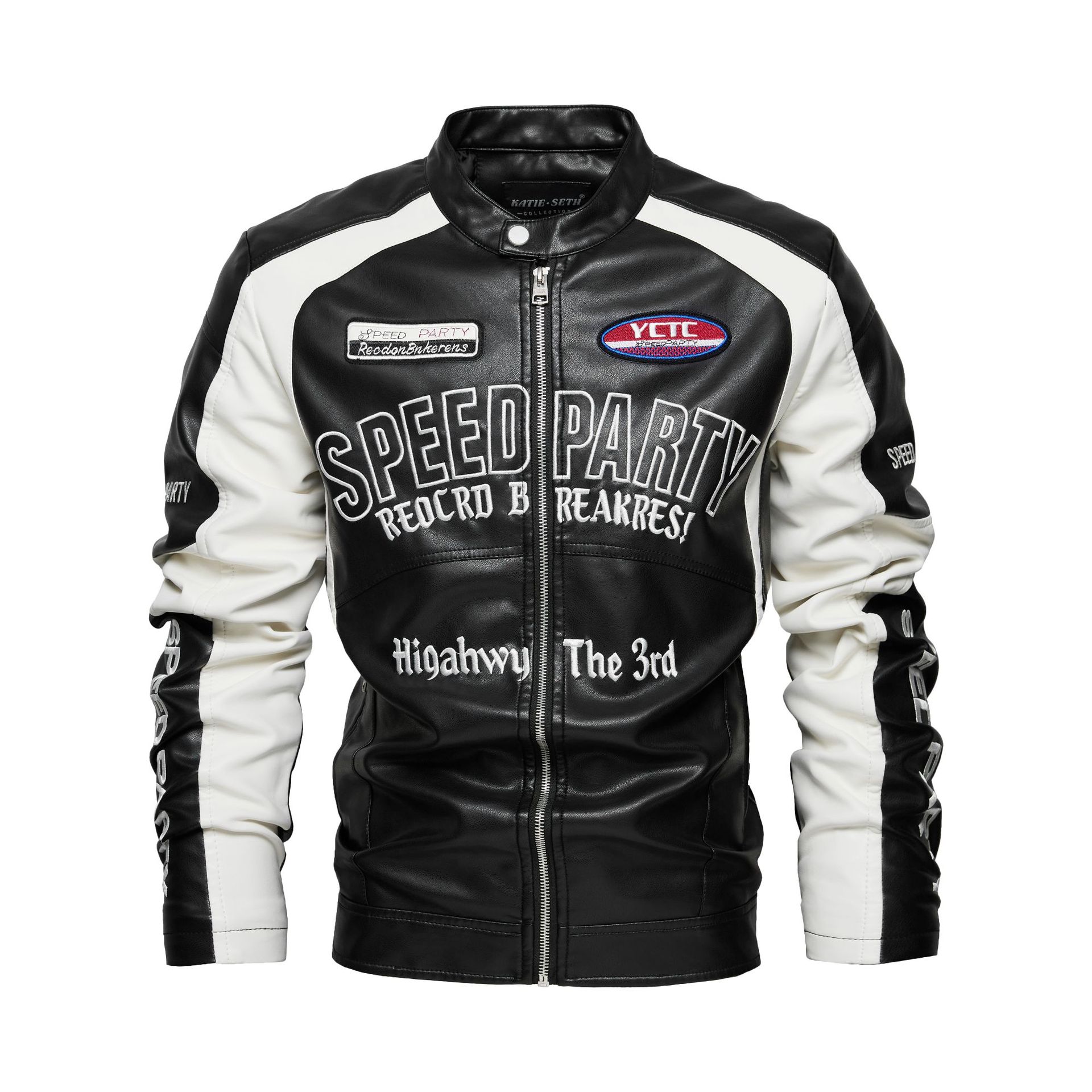 

Мужская кожаная куртка с цветными блоками, вышитый мотоциклетный костюм, мужская модная куртка большого размера S чёрный