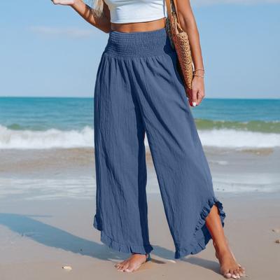 Damen Freizeit Hose Falten Elastisch Hohe Taille Weiter Bein Lange Hose mit Taschen Rüsche