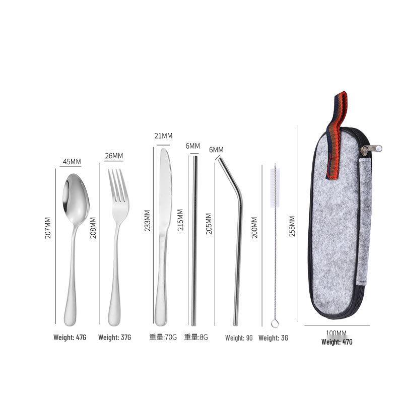 

Портативный набор столовых приборов из нержавеющей стали, 7 предметов: Нож, Вилка, Ложка, Палочки для еды, Соломинка и Тканевый мешочек. Идеально для обедов на открытом воздухе.