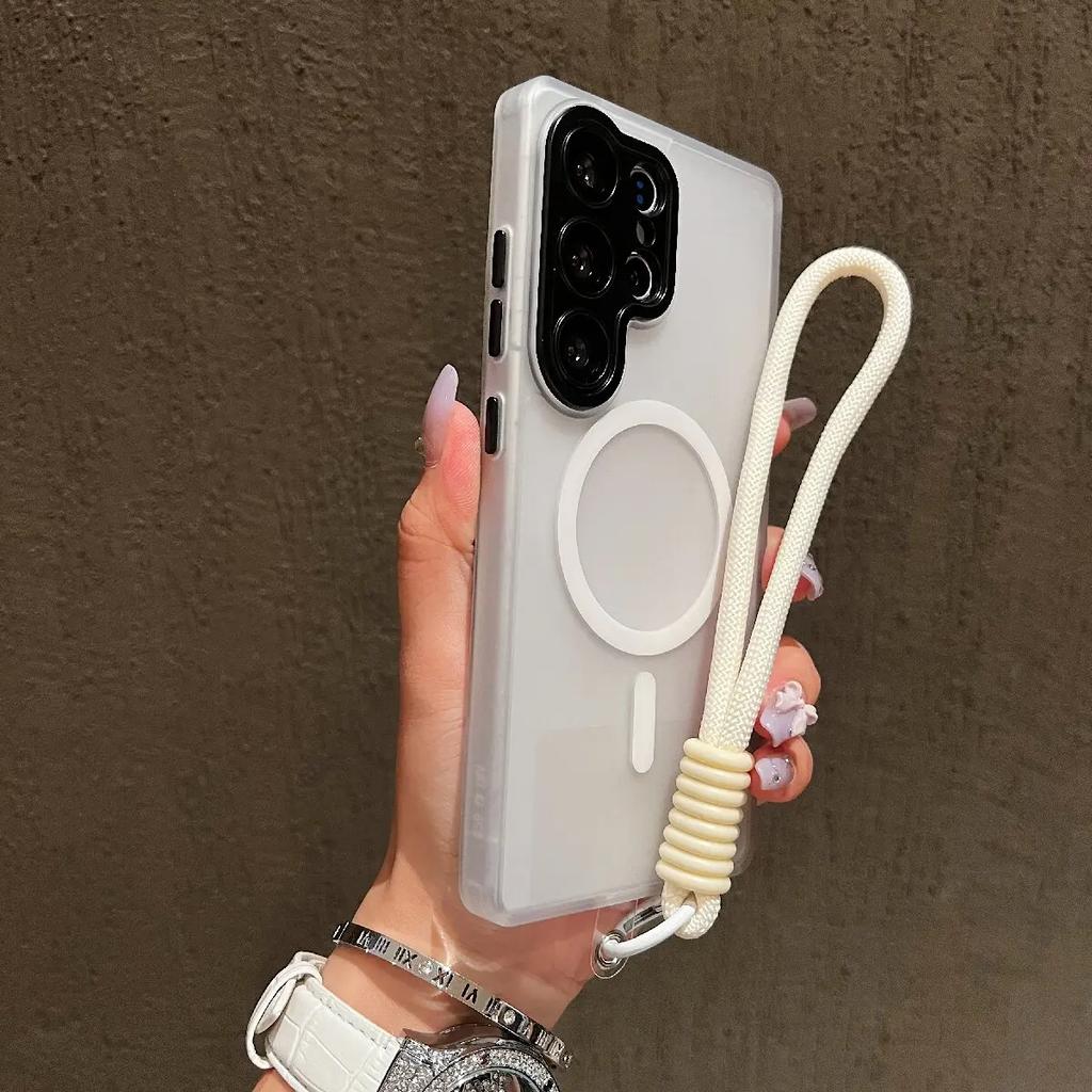 New Matte Translucent With Lanyard Shockproof Magnetic Cover for Samsung Galaxy S25 Edge S24 FE S23 Ultra Plus For Magsafe Case