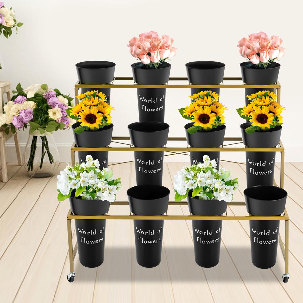 3 Layers Flower Display Stand with 12PCS Black Buckets,Metal Moving Plant Stand with Wheels, Garden Cart Display Flower Shelf