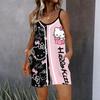 Womens Sleeveless Spaghetti Strap Romper Cartoon Cat Print Pocket Short Jumpsuit