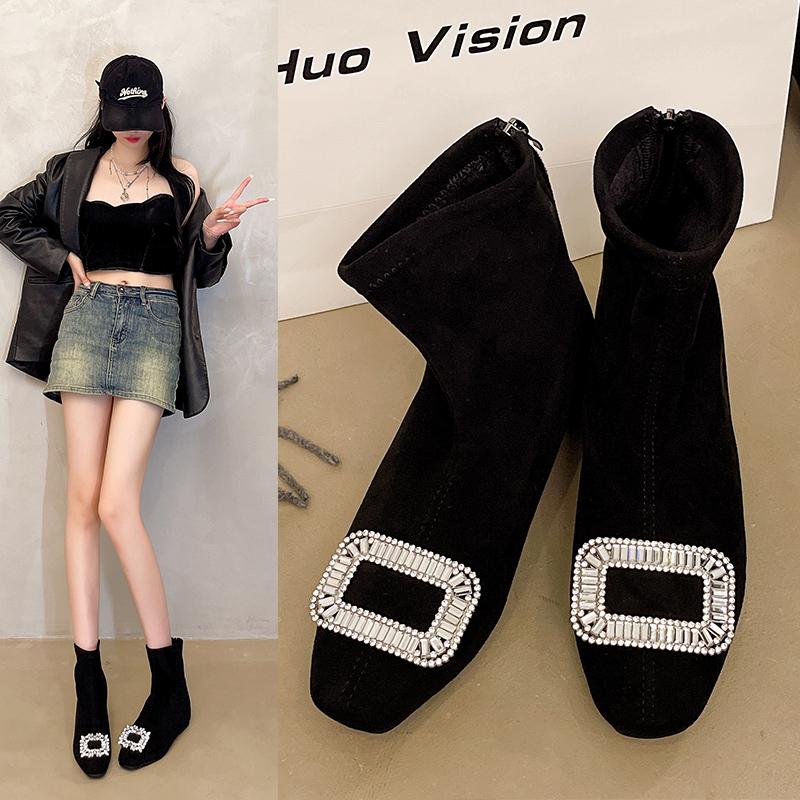 

Модные женские ботильоны Модные на высоком каблуке Флоковые Весенне-осенние Стразы Короткая замша Зимние Дизайнерские Повседневные Базовые Универсальные Туфли 40