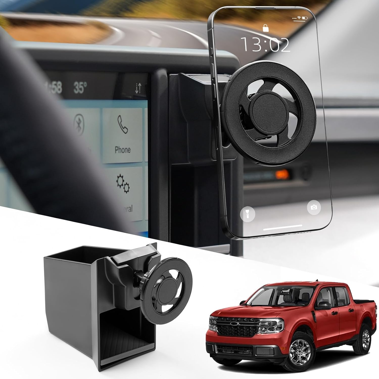 Mabett Magnetic Phone Holder Cubby Ert For Ford Maverick -2024 Accessories, Dash Mount Storage Box Kit (Phone Holder)