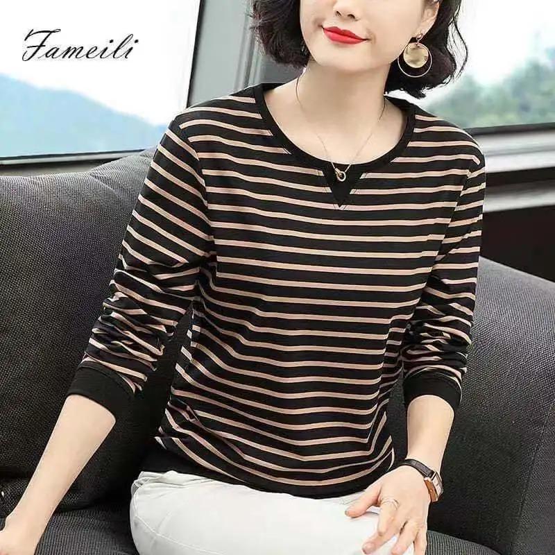Pure Cotton T-shirt Women's Long-sleeved 2025 Autumn New Striped Loose Women's Tops Casual Loose Versatile Pullover
