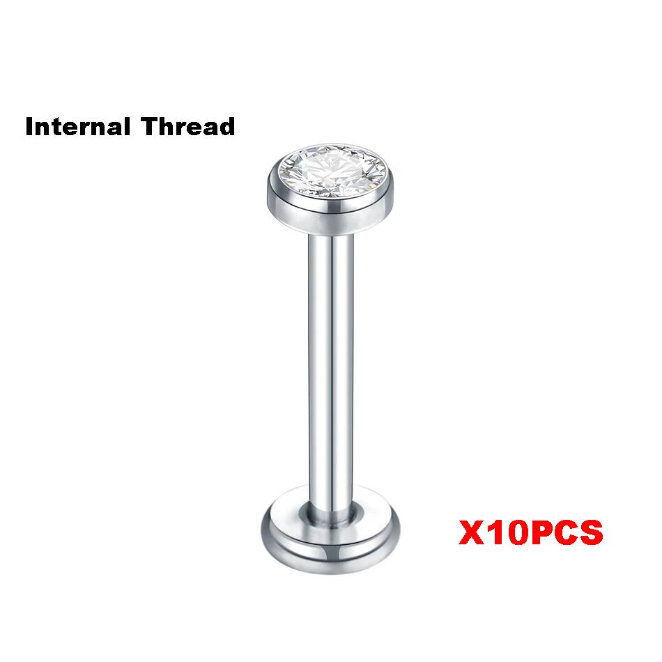 

10Pcs/lot G23 Titanium Labret Lip Rings Internally Threaded Crystal Ear Stud Earrings for Women Body Piercing Jewelry 2-4mm Top 1.2x6x2mm