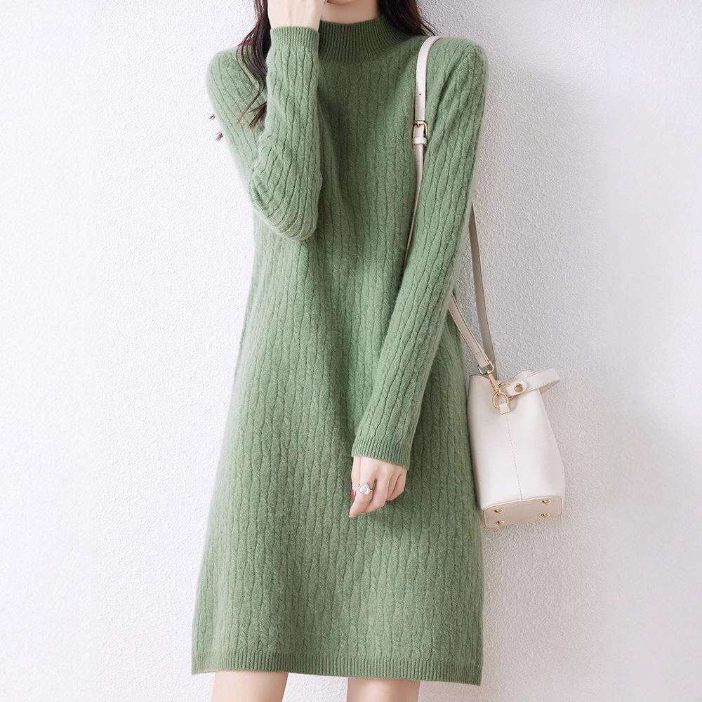 Women's High Neck Knitted Wool Dress - Slimming and Warm for Autumn/Winter