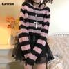 2KWEIRD Pink Striped Gothic Sweaters Women Ripped Holes Loose Knitted Pullover Frayed Fairy Grunge Jumpers Emo Streetwear Lolita