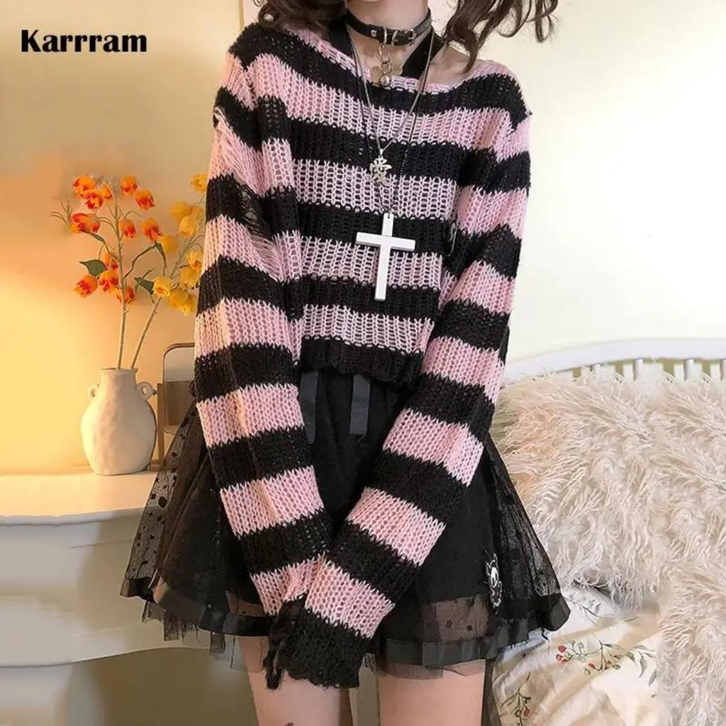 2KWEIRD Pink Striped Gothic Sweaters Women Ripped Holes Loose Knitted Pullover Frayed Fairy Grunge Jumpers Emo Streetwear Lolita