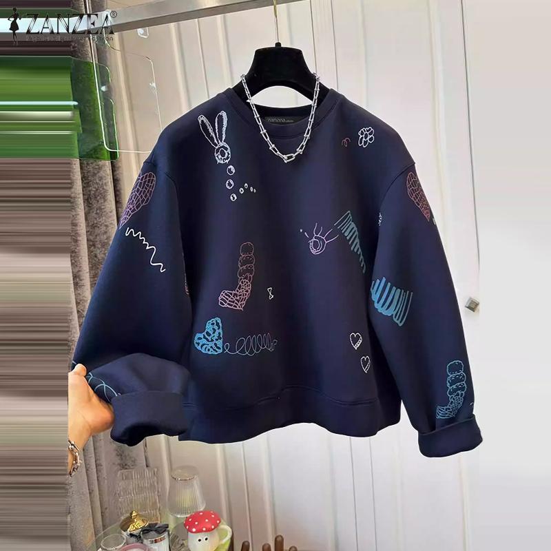 ZANZEA Women Casual Round Neck Long Sleeve Print Pullover Sweatshirts