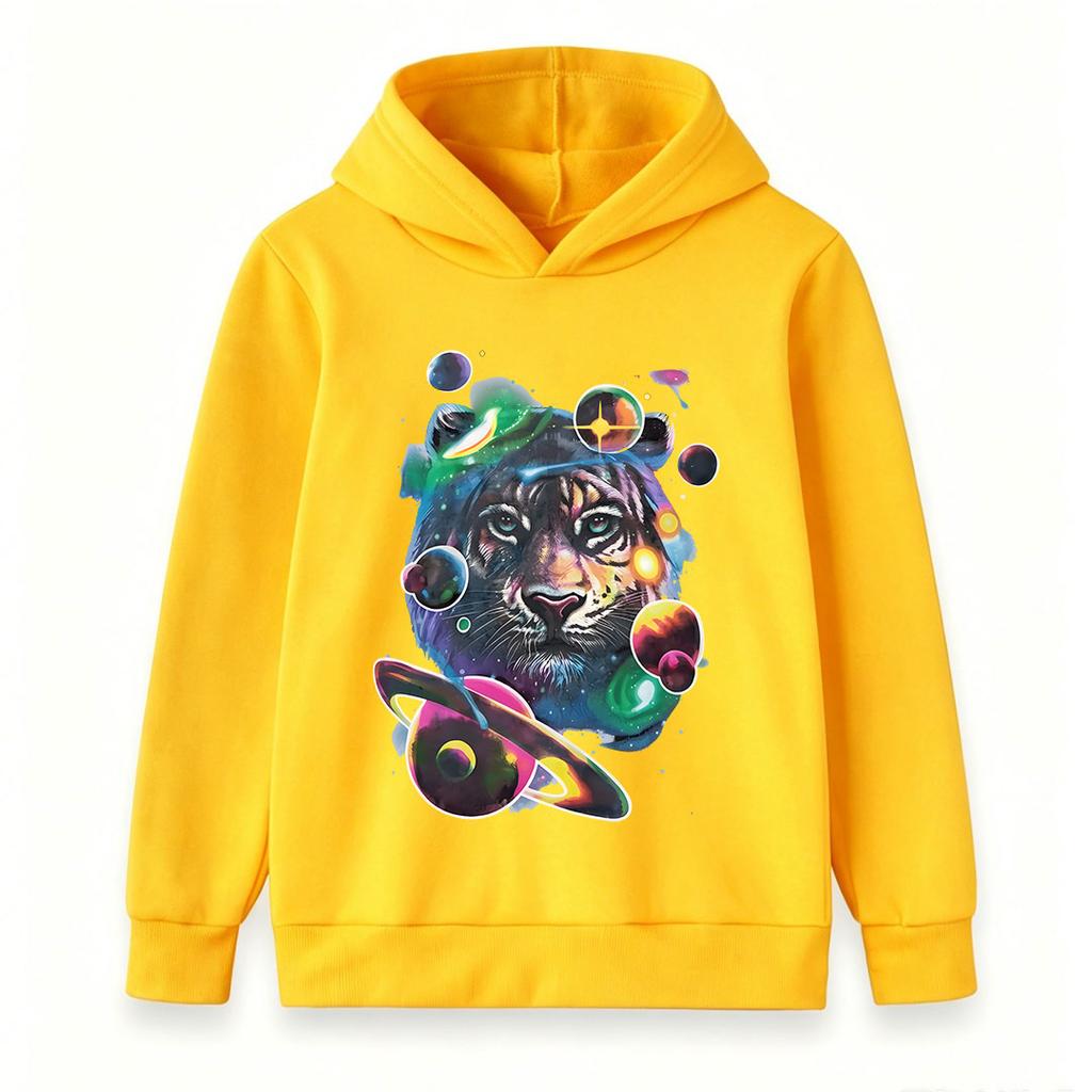 Kids Boys Girls Pullover Hoodie, Psychedelic Galaxy Tiger Print Casual Warm Long Sleeve Hooded Sweatshirt with Space Planets Pattern for Children Dail