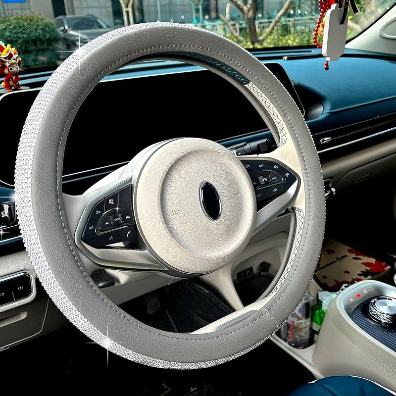 Full Sparkly Rhinestone Car Steering Wheel Cover Universal Leather Steering Wheel Cover Auto Car Styling Interior Decor Accessories (Gray