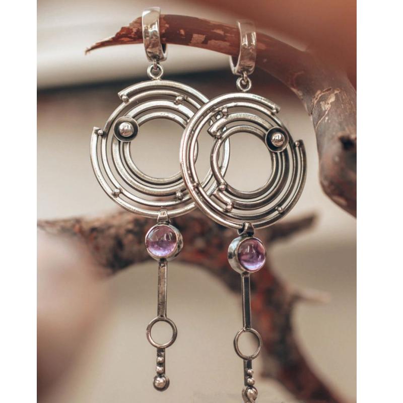 1 Pair of Vintage Copper Craftsman Earrings Inlaid with Artificial Purple Moonstone for Women's Pendant Earrings