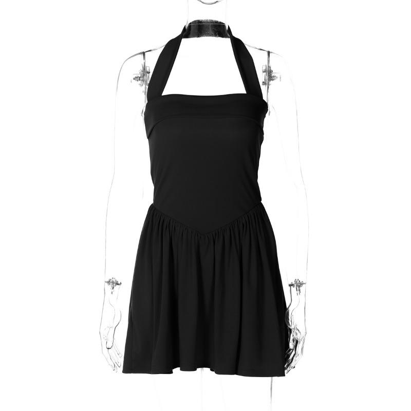 

Женское однотонное короткое платье с бретелью через шею, облегающее, с высокой талией, плиссированное платье L чёрный