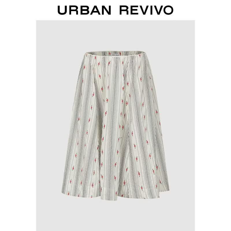 UR2026 Women s Fall Striped Floral Embroidery Elastic Waist Skirt M